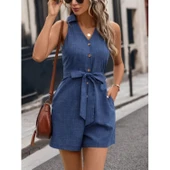 Lucky Life Kadın Sıfır Kollu Yakalı Düğmeli Belden Kuşaklı Kısa Keten Tulum - 4