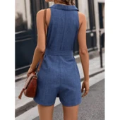 Lucky Life Kadın Sıfır Kollu Yakalı Düğmeli Belden Kuşaklı Kısa Keten Tulum - 5