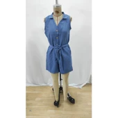 Lucky Life Kadın Sıfır Kollu Yakalı Düğmeli Belden Kuşaklı Kısa Keten Tulum - 6