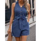 Lucky Life Kadın Sıfır Kollu Yakalı Düğmeli Belden Kuşaklı Kısa Keten Tulum - 3