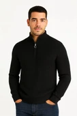 Erkek Yarım Fermuarlı Triko Kazak – Selanik Örgü, Dik Yaka, Pamuklu Dokuma, Regular Fit Uzun Kollu Kışlık Model - Siyah thumbnail 4
