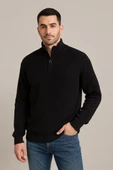 Erkek Yarım Fermuarlı Triko Kazak – Selanik Örgü, Dik Yaka, Pamuklu Dokuma, Regular Fit Uzun Kollu Kışlık Model - Siyah thumbnail 5