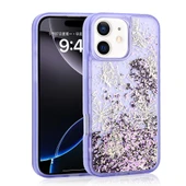 Apple iPhone 12 Kılıf Sıvılı Simli Kelebek Baskılı Şeffaf Arka Yüzey  Glis Silikon Kapak thumbnail 1