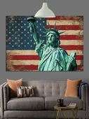 Özgürlük Heykeli Amerikan Bayrağı Dekoratif Kanvas - Mdf Ahşap Tablo - 3