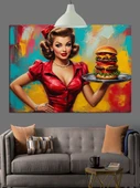 Retro Kız Burger Keyfi Dekoratif Kanvas - Mdf Ahşap Tablo - 3