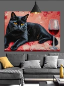 Siyah Kedi Şarap Balık Dekoratif Kanvas - Mdf Ahşap Tablo - 2