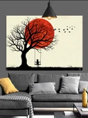 Kırmızı Ağaç Gün Batımı Dekoratif Kanvas - Mdf Ahşap Tablo - 1
