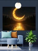 Hilal Ay Gece Manzarası Dekoratif Kanvas - Mdf Ahşap Tablo - 3