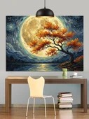 Küçük Ağaç Dolunay Manzarası Dekoratif Kanvas - Mdf Ahşap Tablo - 2