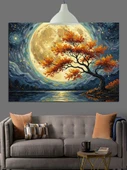 Küçük Ağaç Dolunay Manzarası Dekoratif Kanvas - Mdf Ahşap Tablo - 1