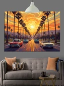 Palmiyeli Cadde Gün Batımı Dekoratif Kanvas - Mdf Ahşap Tablo - 1