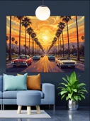 Palmiyeli Cadde Gün Batımı Dekoratif Kanvas - Mdf Ahşap Tablo - 3