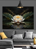Beyaz Lotus Çiçeği Sanatı Dekoratif Kanvas - Mdf Ahşap Tablo - 3