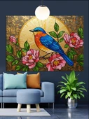 Mavi Kuş Bahar Çiçekleri Dekoratif Kanvas - Mdf Ahşap Tablo - 3