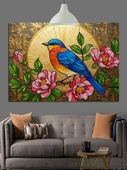 Mavi Kuş Bahar Çiçekleri Dekoratif Kanvas - Mdf Ahşap Tablo - 1