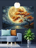 Küçük Ağaç Dolunay Manzarası Dekoratif Kanvas - Mdf Ahşap Tablo - 3