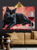 Siyah Kedi Şarap Balık Dekoratif Kanvas - Mdf Ahşap Tablo - 1