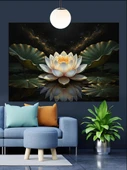 Beyaz Lotus Çiçeği Sanatı Dekoratif Kanvas - Mdf Ahşap Tablo - 1