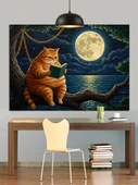 Kedi Dolunay Ağaç Altı Dekoratif Kanvas - Mdf Ahşap Tablo - 1