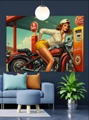 Benzinlik Motorsikletli Kadın Dekoratif Kanvas - Mdf Ahşap Tablo - 3