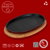Lava Döküm Oval Fajita Tabağı Kayın Servis Ahşabı Ölçü 18x28cm. (Harici tava tutucu dahil değildir.)-Bordo thumbnail 4