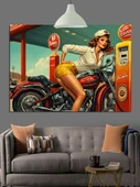 Benzinlik Motorsikletli Kadın Dekoratif Kanvas - Mdf Ahşap Tablo - 1