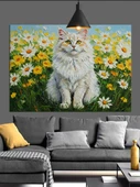 Beyaz Kedi Çiçek Tarlası Dekoratif Kanvas - Mdf Ahşap Tablo - 3