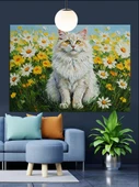 Beyaz Kedi Çiçek Tarlası Dekoratif Kanvas - Mdf Ahşap Tablo - 1