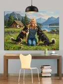 Köpekler Doğa Aile Manzarası Dekoratif Kanvas - Mdf Ahşap Tablo - 3