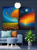 Güneş Ay Çiçek Manzarası Dekoratif Kanvas - Mdf Ahşap Tablo - 3