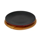 Lava Döküm Yuvarlak Servis Tabağı ve Kayın Servis Ahşabı. Çap(Ø)21cm.-Bordo thumbnail 2