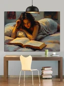 Yatakta Kitap Okuyan Kadın Dekoratif Kanvas - Mdf Ahşap Tablo - 3