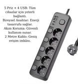 5 Priz 4 USB (2 Type-C) Akım Korumalı Anahtarlı Uzatma Kablosu 2 Metre - 2