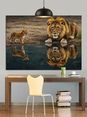 Aslan Yansıması Su Üstü Dekoratif Kanvas - Mdf Ahşap Tablo - 1