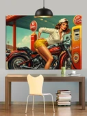 Benzinlik Motorsikletli Kadın Dekoratif Kanvas - Mdf Ahşap Tablo - 2