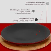 Lava Döküm Yuvarlak Servis Tabağı ve Kayın Servis Ahşabı. Çap(Ø)21cm.-Bordo thumbnail 6