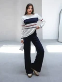 Kadın Çizgili Pamuklu Sweat Pantolon Rahat Takım - 6