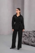 Kadın Siyah Fiyonklu Oversize Gömlek Ve Bağcıklı Beli Lastikli Taş İşlemeli İkili Takım - 4