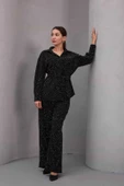 Kadın Siyah Fiyonklu Oversize Gömlek Ve Bağcıklı Beli Lastikli Taş İşlemeli İkili Takım - 5