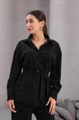 Kadın Siyah Fiyonklu Oversize Gömlek Ve Bağcıklı Beli Lastikli Taş İşlemeli İkili Takım - 2