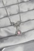 316L Çelik Gümüş Renk Fiyonk Detay Pembe Zirkon Taşlı Tektaş Kolye - TJ-BKO8923 thumbnail 1