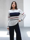 Kadın Çizgili Pamuklu Sweat Pantolon Rahat Takım - 8