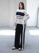 Kadın Çizgili Pamuklu Sweat Pantolon Rahat Takım - 1