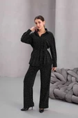 Kadın Siyah Fiyonklu Oversize Gömlek Ve Bağcıklı Beli Lastikli Taş İşlemeli İkili Takım - 1