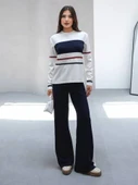 Kadın Çizgili Pamuklu Sweat Pantolon Rahat Takım - 4