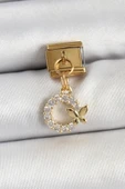 316L Çelik Sallantılı Zirkon Taşlı Kelebek Detaylı Halka Model Gold Renk Nomination Charm - TJ-BC1440 - 1