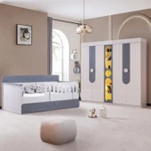 Flora Çocuk Odası Takımı, Flora Yavrulu Karyola, Vira 4 Kapaklı Dolap, Kitaplık - Gri - 1