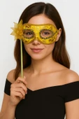 Lüks Taşlı Saplı Maskeli Balo Maskesi Altın Renk 35 cm (5250) thumbnail 1