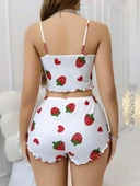 Kadın Beyaz Çilek desenli Şortlu Pijama Takımı 5053 thumbnail 2