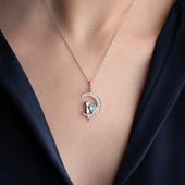 Vaoov 925 Ayar Gümüş Mavi Kalpli Ay ve Kedi Kolye thumbnail 3